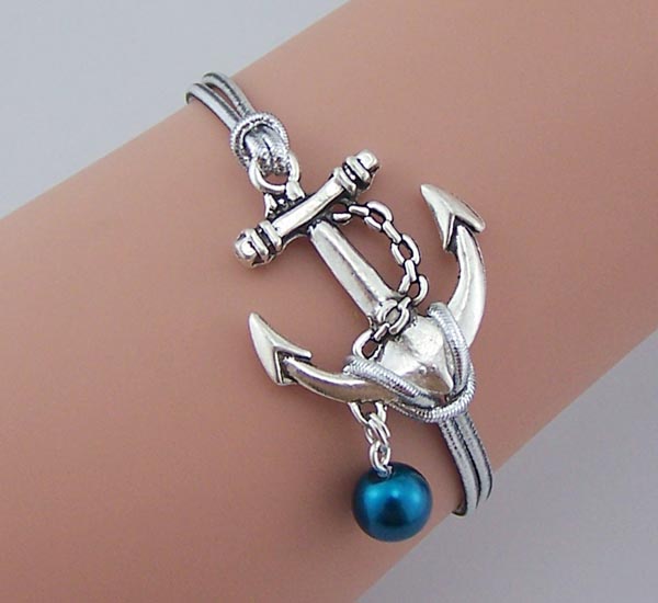 Big Anchor Bracelet,dark Green Pearl Bracelet,Silver Rope,silver Anchor